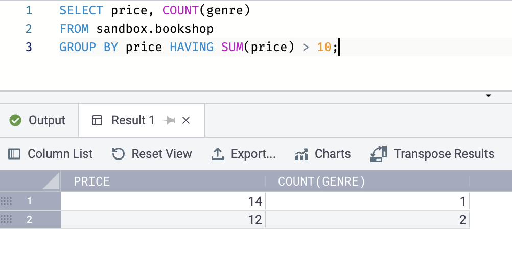 Example of the SQL HAVING query applied in Coginiti with the table resulting columns.