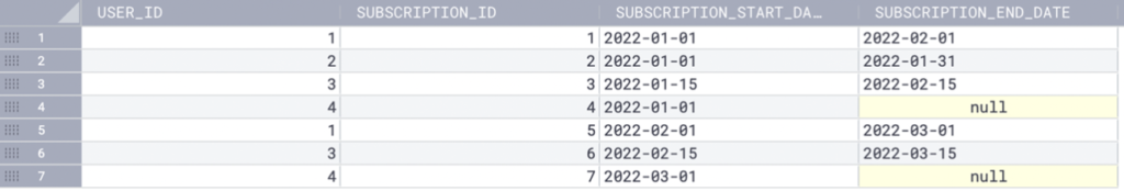 A table named subscription_activity with four columns: user_id, subscription_id, subscription_start_date, and subscription_end_date.