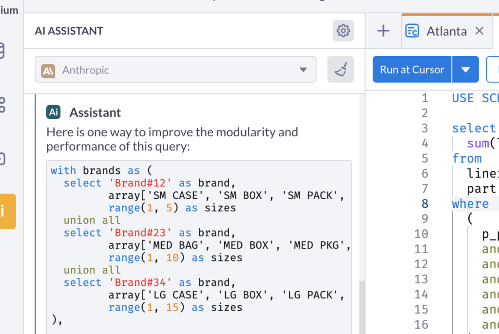 Anthropic Claude AI integration with SQL IDE